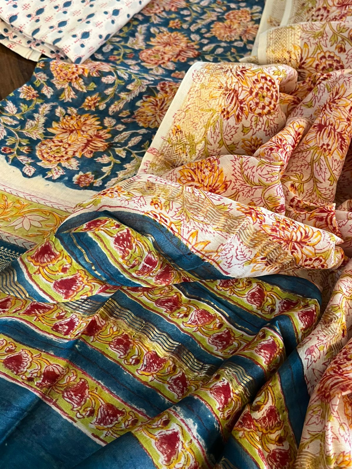 Maheshwari Handblock Printed 3 piece Suit - Blue with Maroon