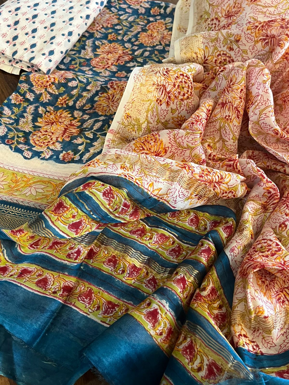 Maheshwari Handblock Printed 3 piece Suit - Blue with Maroon