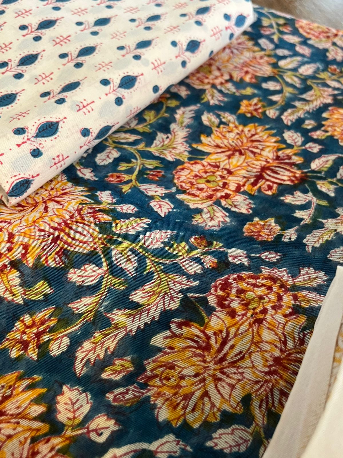 Maheshwari Handblock Printed 3 piece Suit - Blue with Maroon