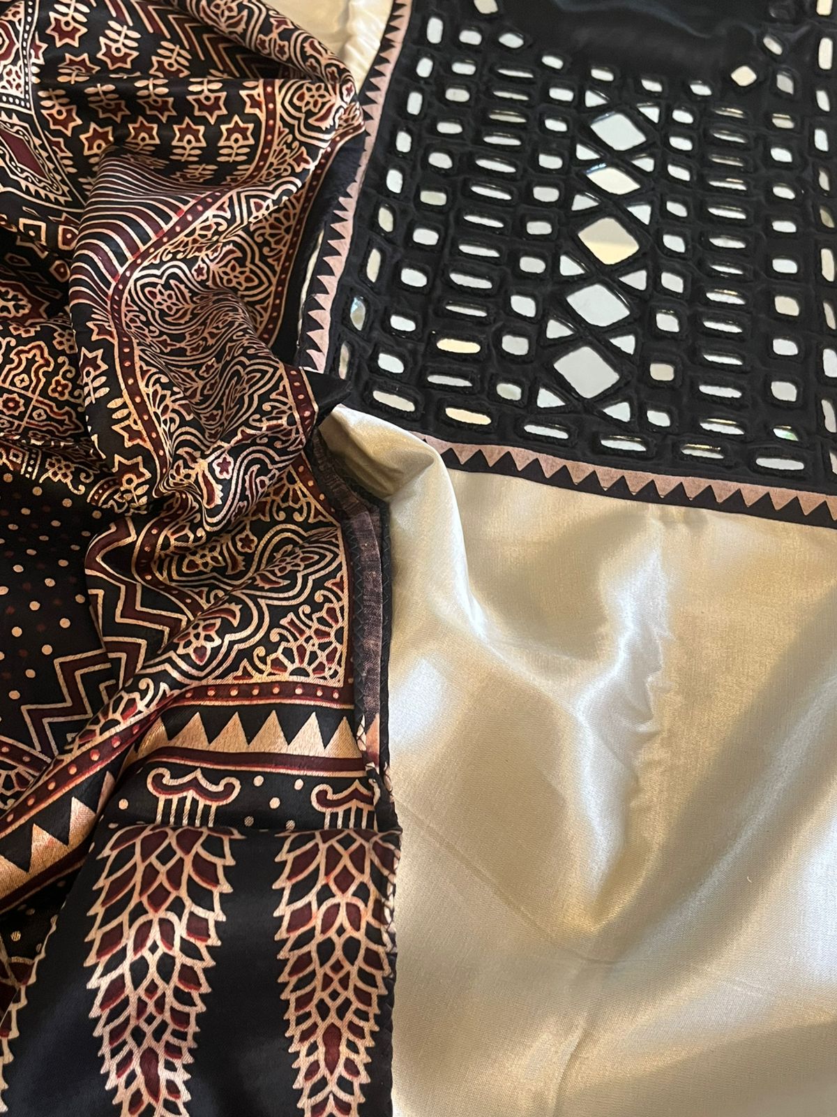 Mirror Embroidered Kurta and Stole Set on Mashru Silk - Ivory White