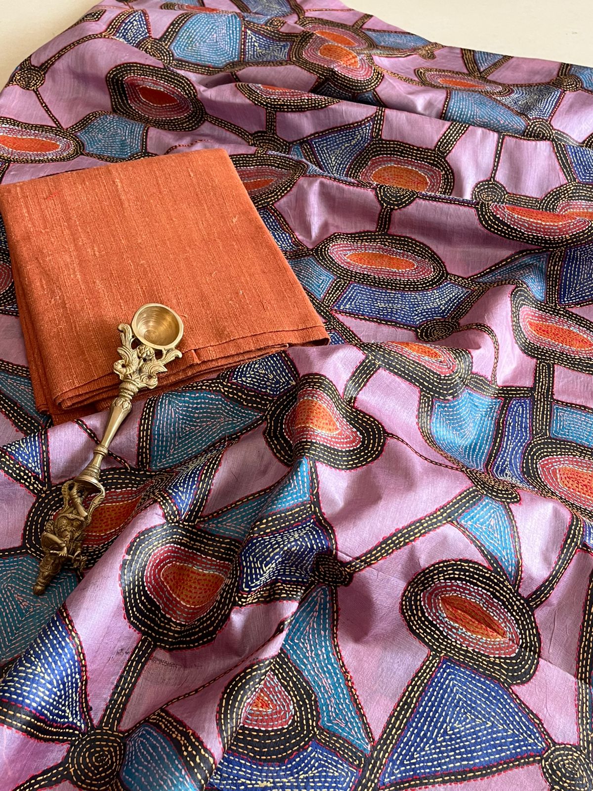 Hand Embroidered Kantha Silk Dupatta with Silk Kurta - Orange