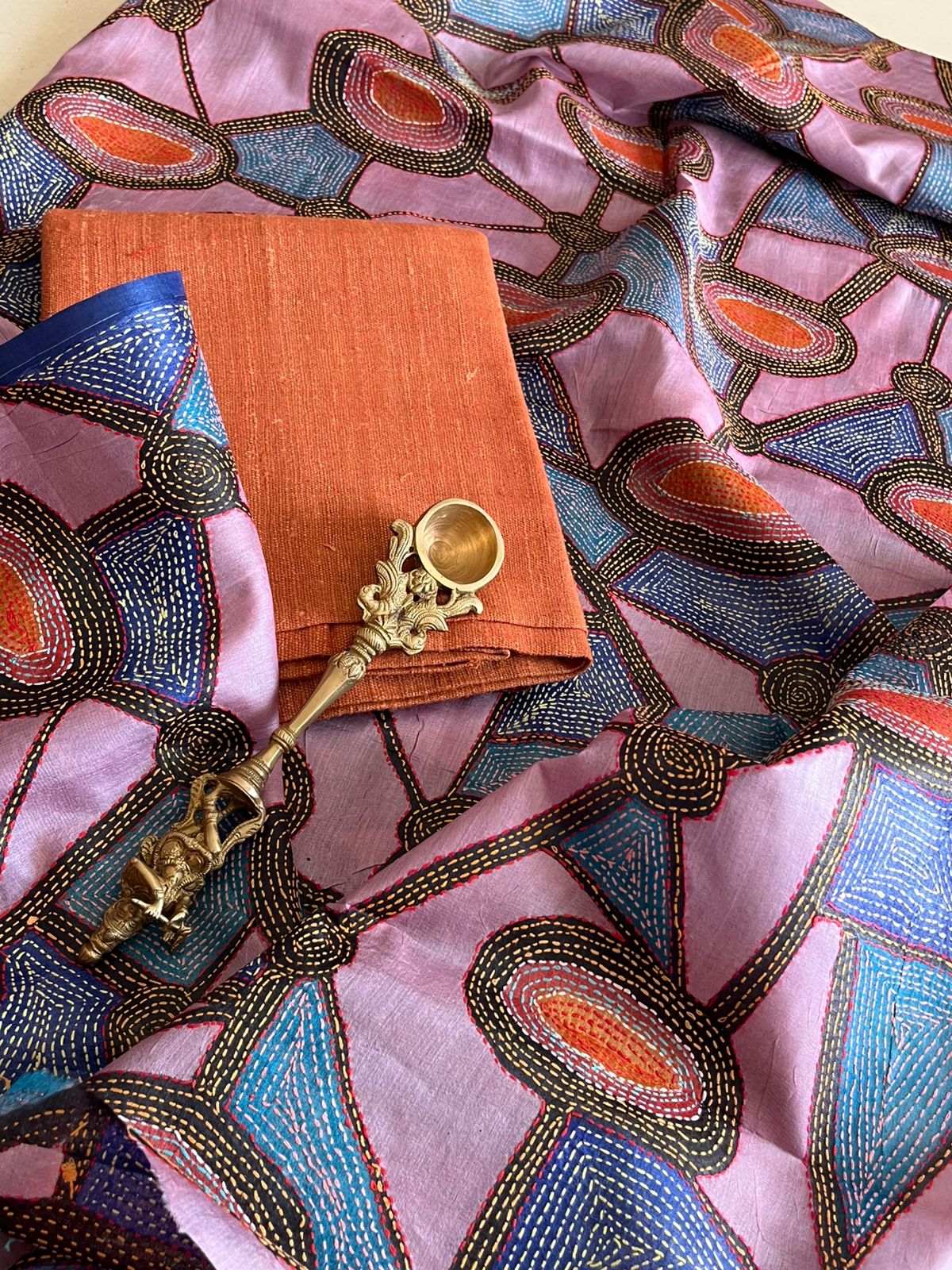 Hand Embroidered Kantha Silk Dupatta with Silk Kurta - Orange