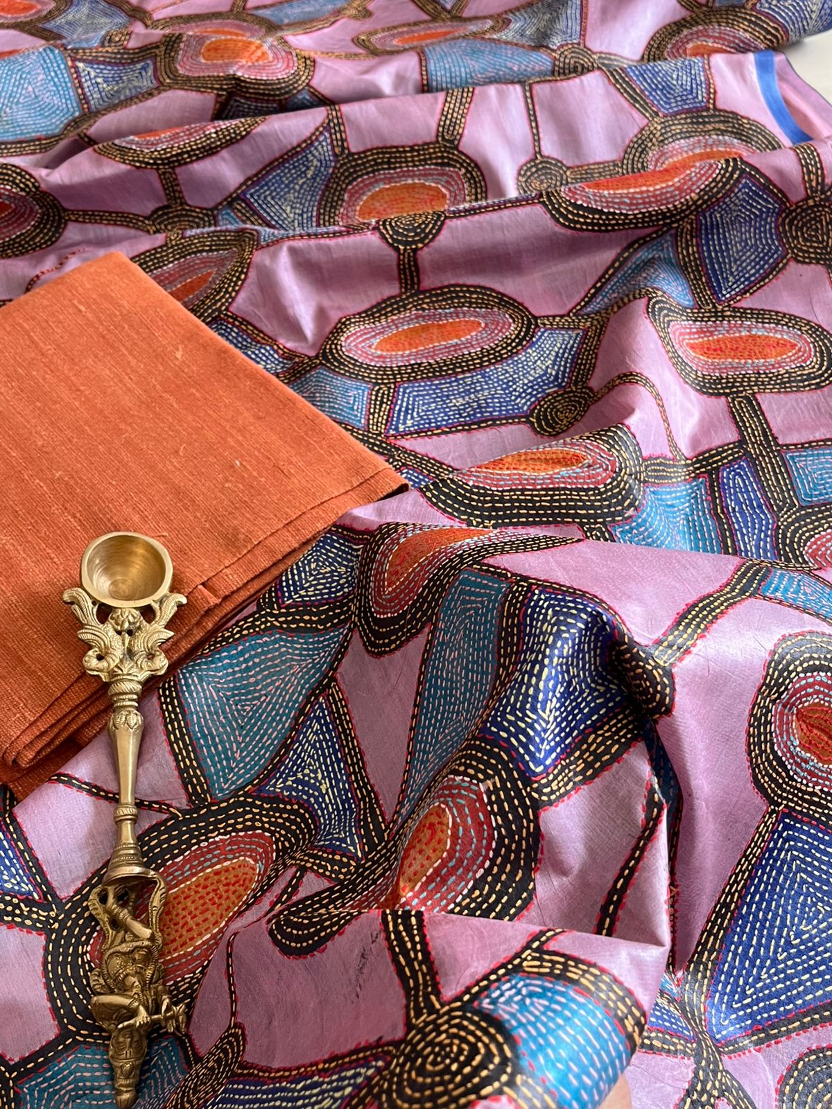 Hand Embroidered Kantha Silk Dupatta with Silk Kurta - Orange