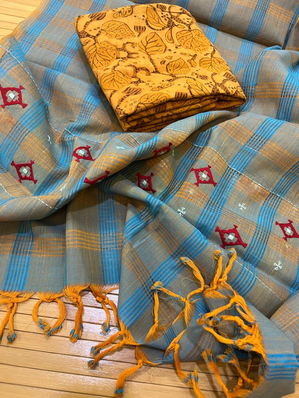 Exclusive Cotton Embroidered Dupatta with Block Printed Kurta Set - Mustard with Blue