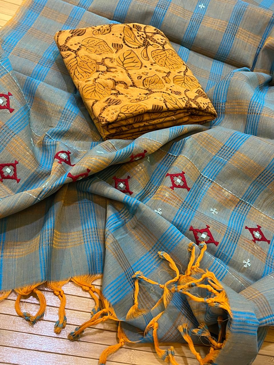 Exclusive Cotton Embroidered Dupatta with Block Printed Kurta Set - Mustard with Blue