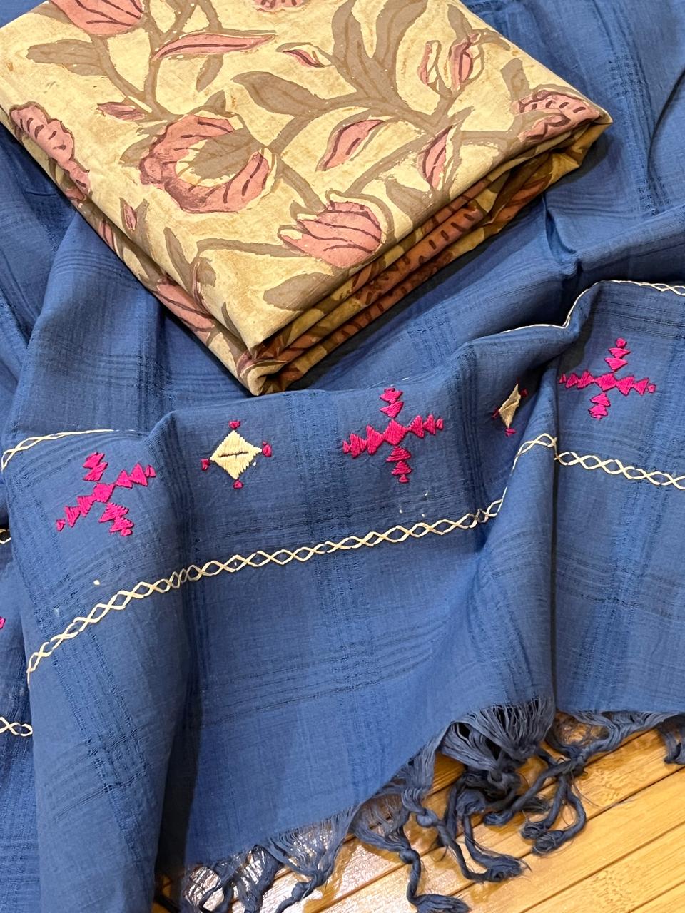 Exclusive Cotton Embroidered Dupatta with Block Print Kurta Set - Blue with Pinkish Beige