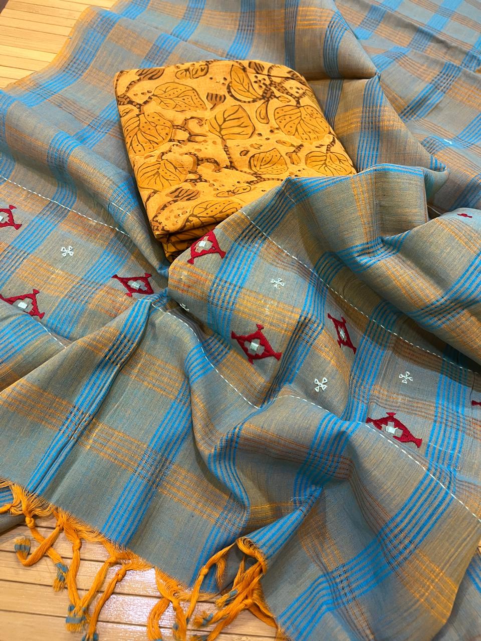 Exclusive Cotton Embroidered Dupatta with Block Printed Kurta Set - Mustard with Blue