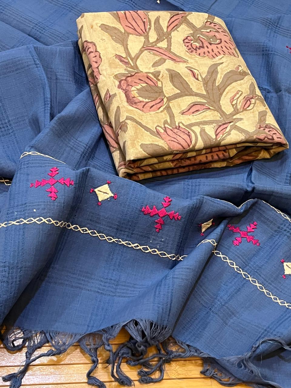 Exclusive Cotton Embroidered Dupatta with Block Print Kurta Set - Blue with Pinkish Beige