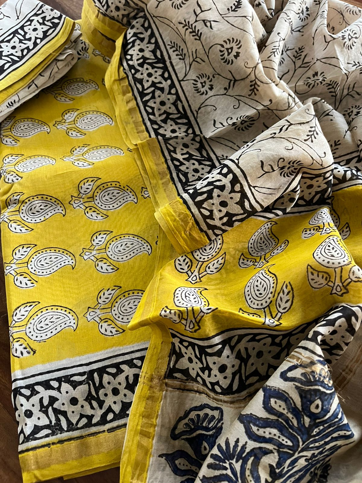 Chanderi Handblock print 3 Piece suits - Yellow