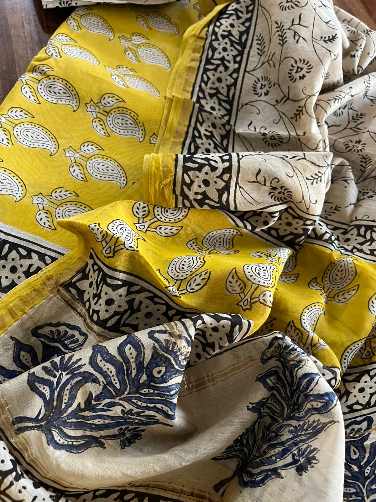 Chanderi Handblock print 3 Piece suits - Yellow