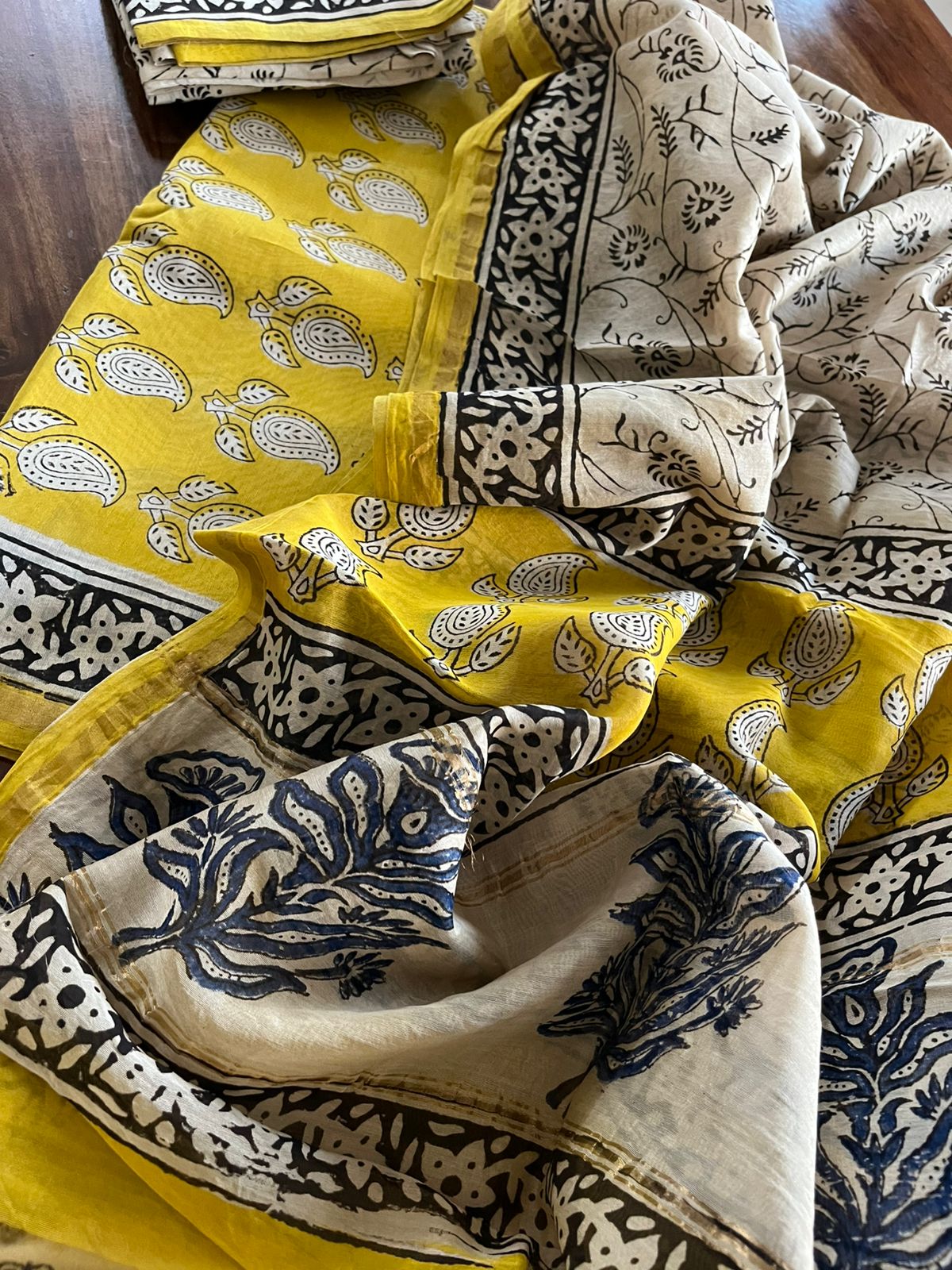 Chanderi Handblock print 3 Piece suits - Yellow