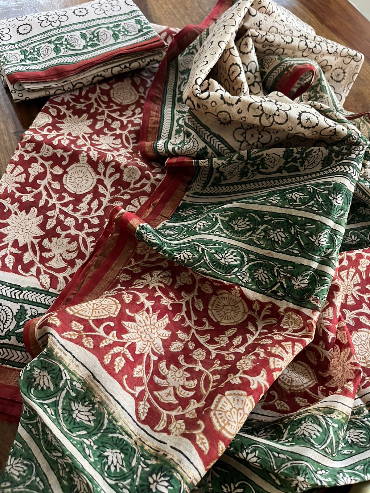 Chanderi Handblock print 3 Piece suits - Maroon and Green