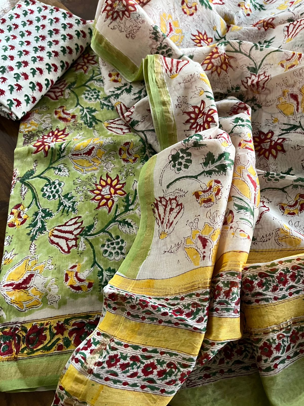 Chanderi Handblock print 3 Piece suits - Light Green