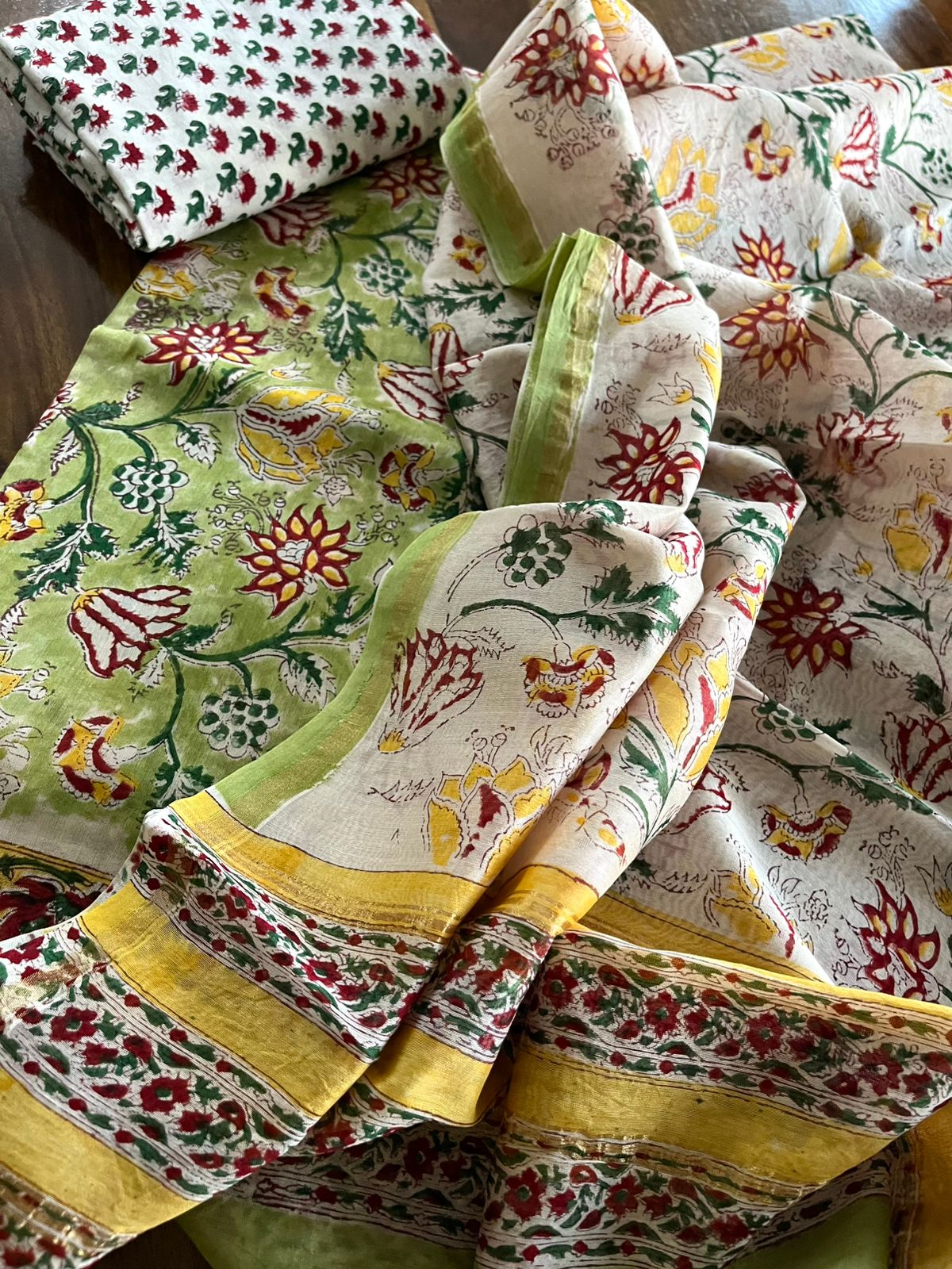 Chanderi Handblock print 3 Piece suits - Light Green