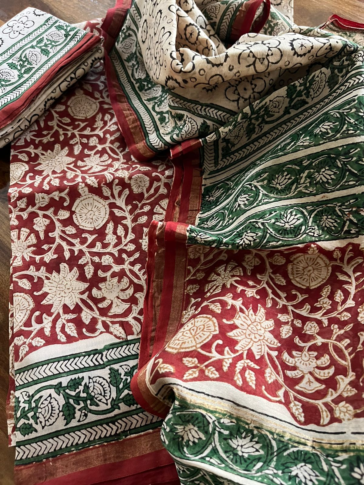 Chanderi Handblock print 3 Piece suits - Maroon and Green