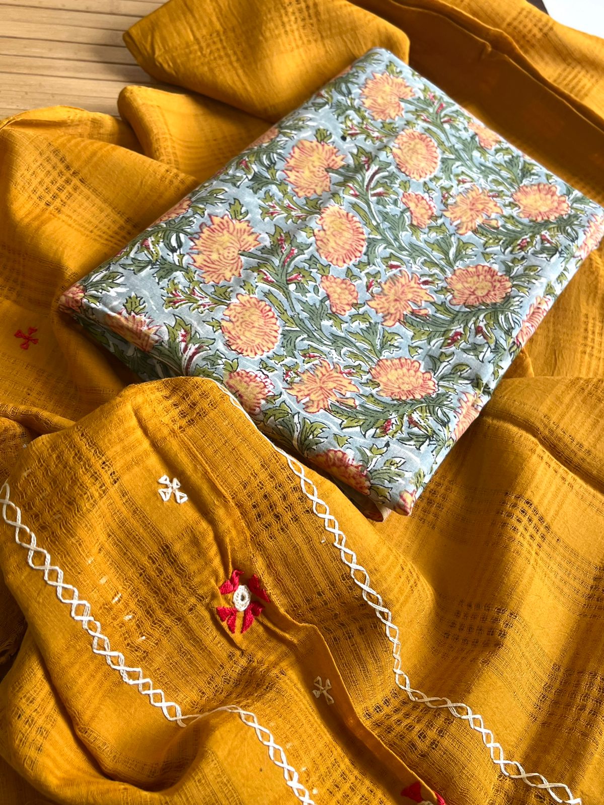 Exclusive Cotton Embroidered Dupatta with Block Print Kurta Set - Mustard with Green