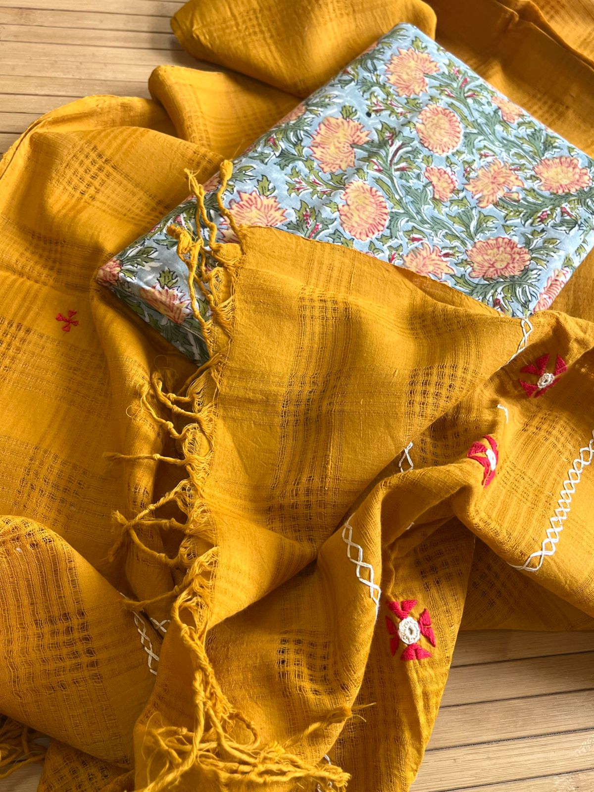 Exclusive Cotton Embroidered Dupatta with Block Print Kurta Set - Mustard with Green