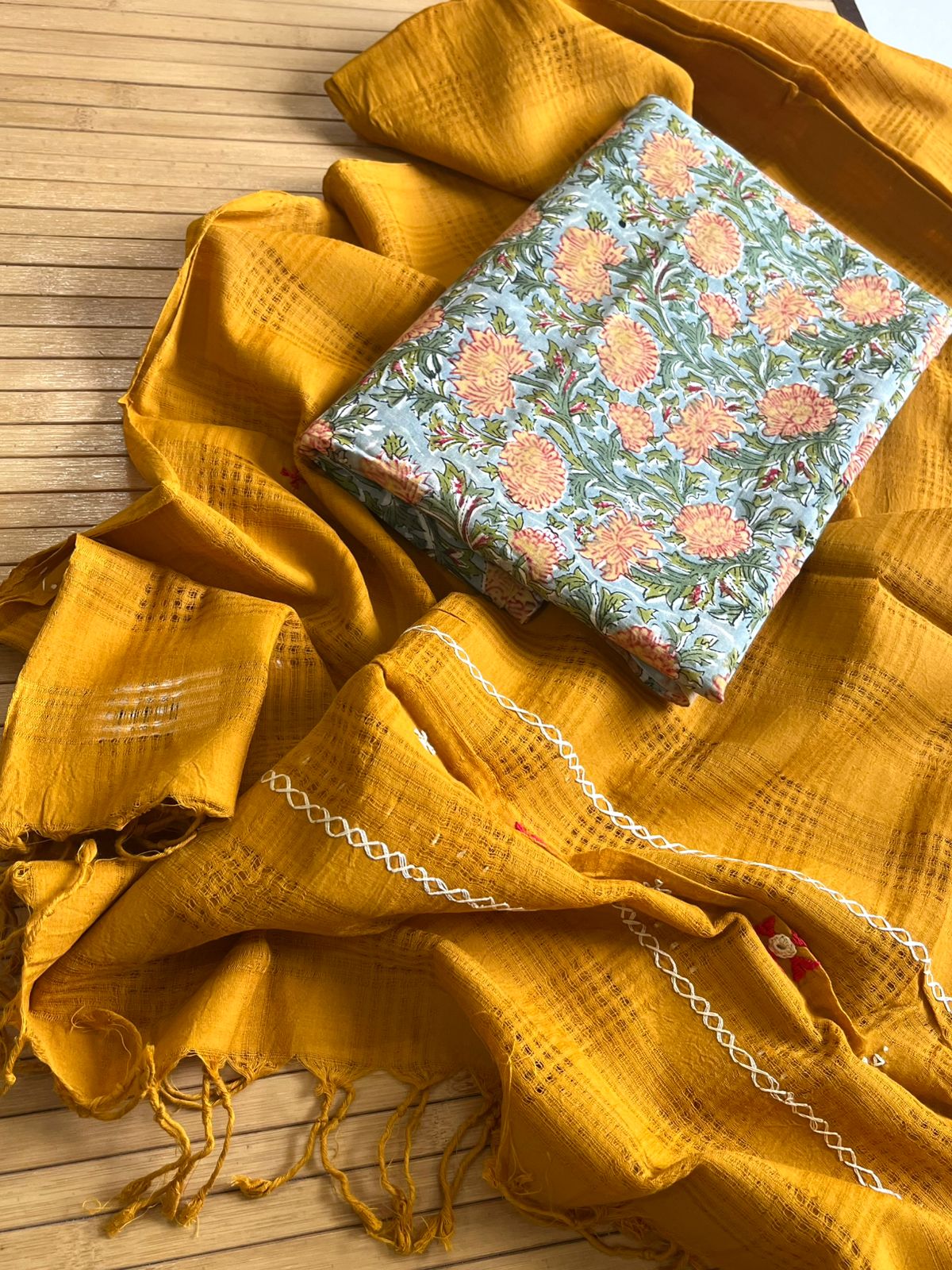 Exclusive Cotton Embroidered Dupatta with Block Print Kurta Set - Mustard with Green