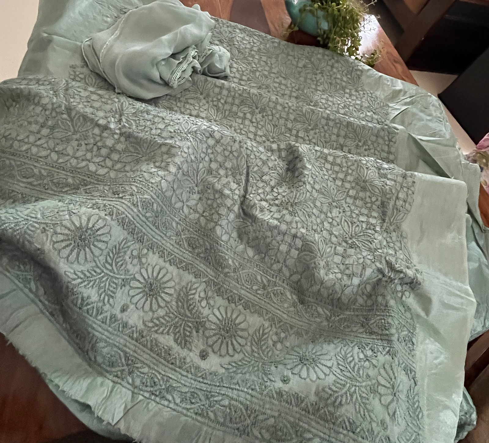 Pure Silk Hand Embroidered Chikankari 3-piece Suit - Ash Green