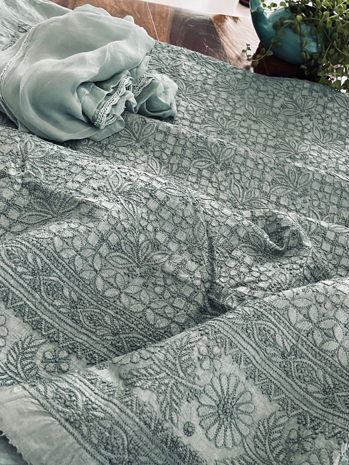 Pure Silk Hand Embroidered Chikankari 3-piece Suit - Ash Green