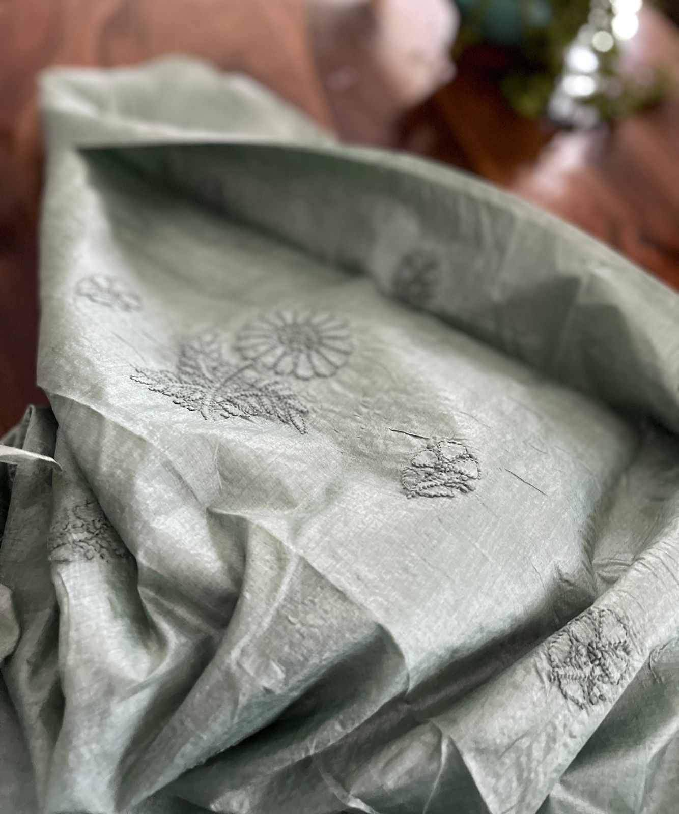 Pure Silk Hand Embroidered Chikankari 3-piece Suit - Ash Green