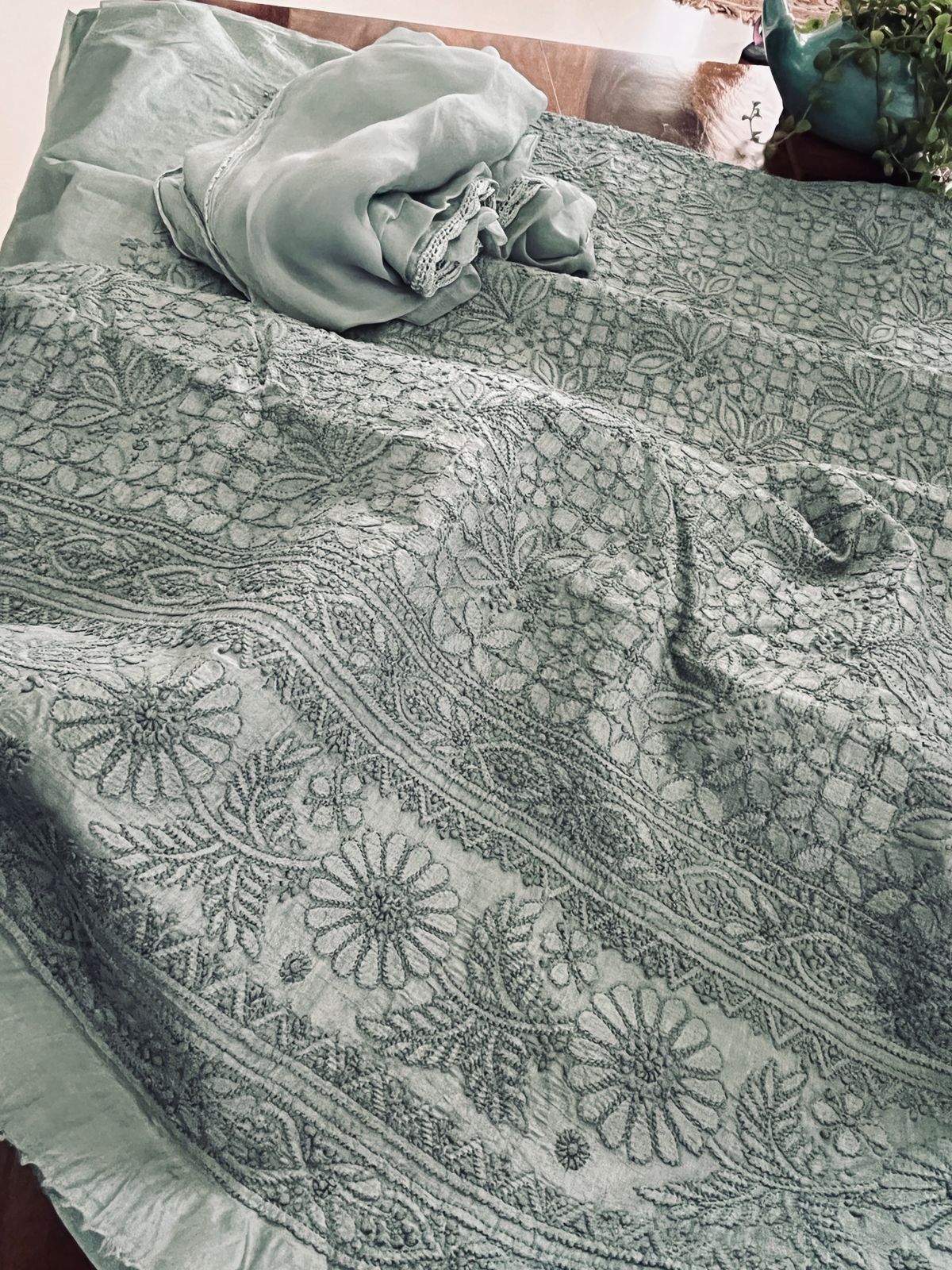 Pure Silk Hand Embroidered Chikankari 3-piece Suit - Ash Green