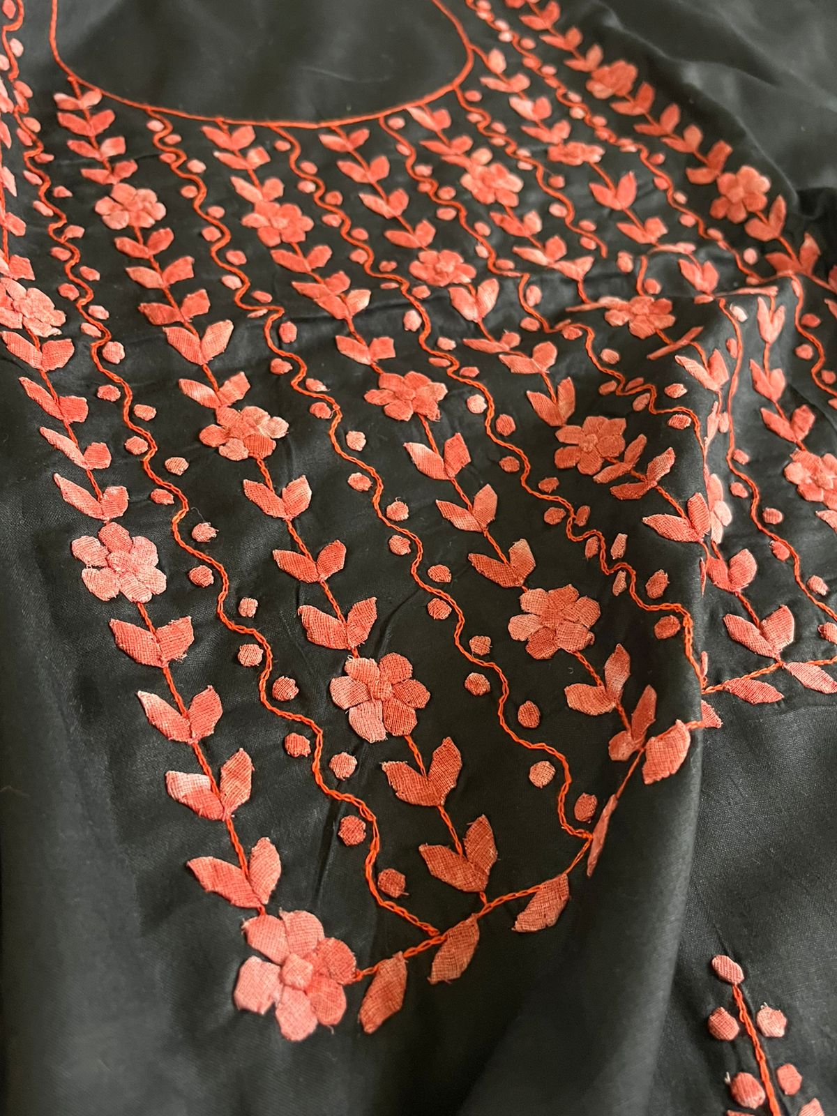 Pure Cotton Handcrafted Kurta With Phool Patti Ka Kaam - Black with Tomato Red