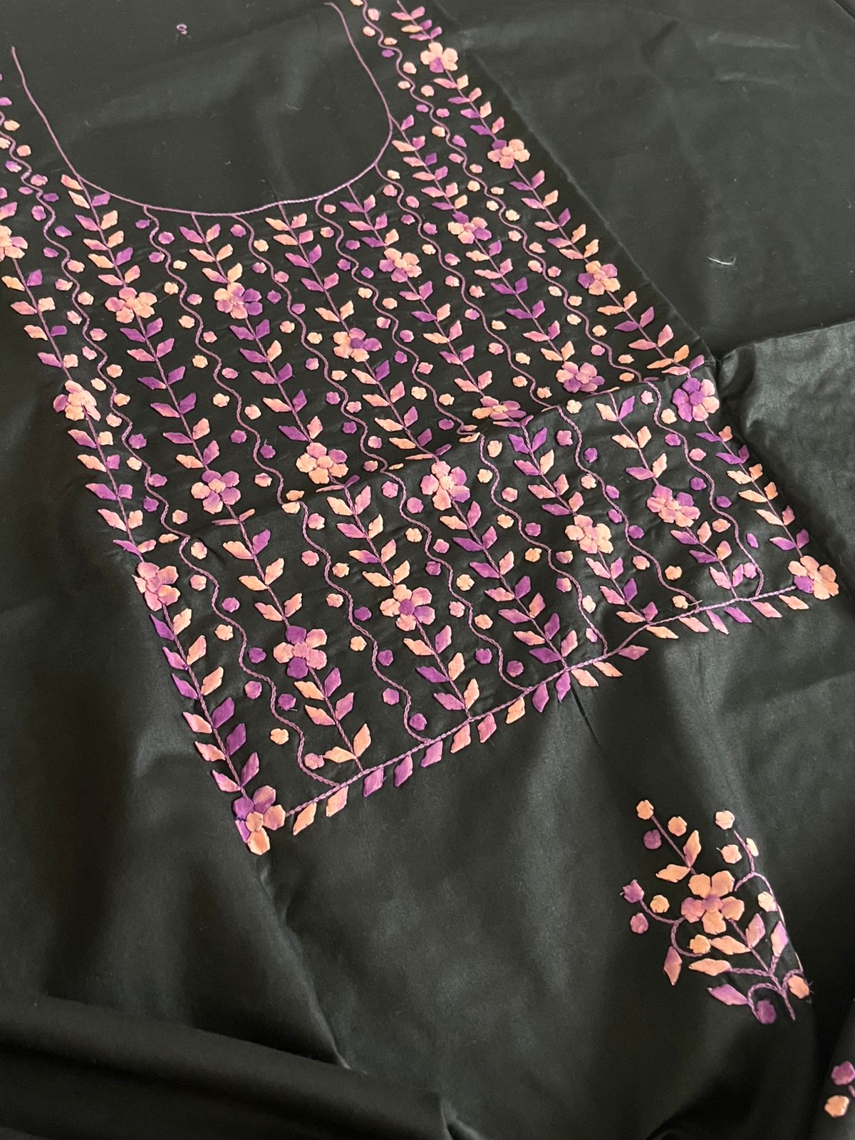 Pure cotton kurta handcrafted Phool Patti work - Black with Purple