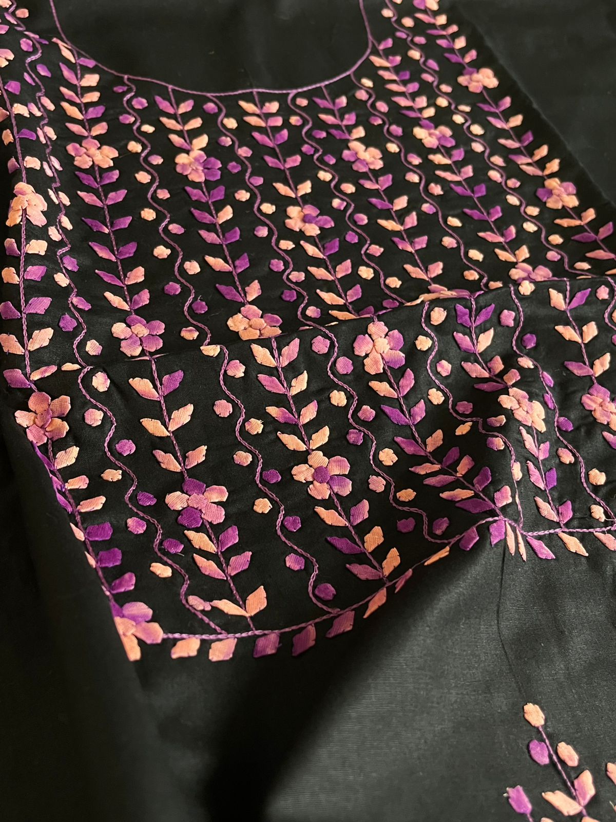 Pure cotton kurta handcrafted Phool Patti work - Black with Purple