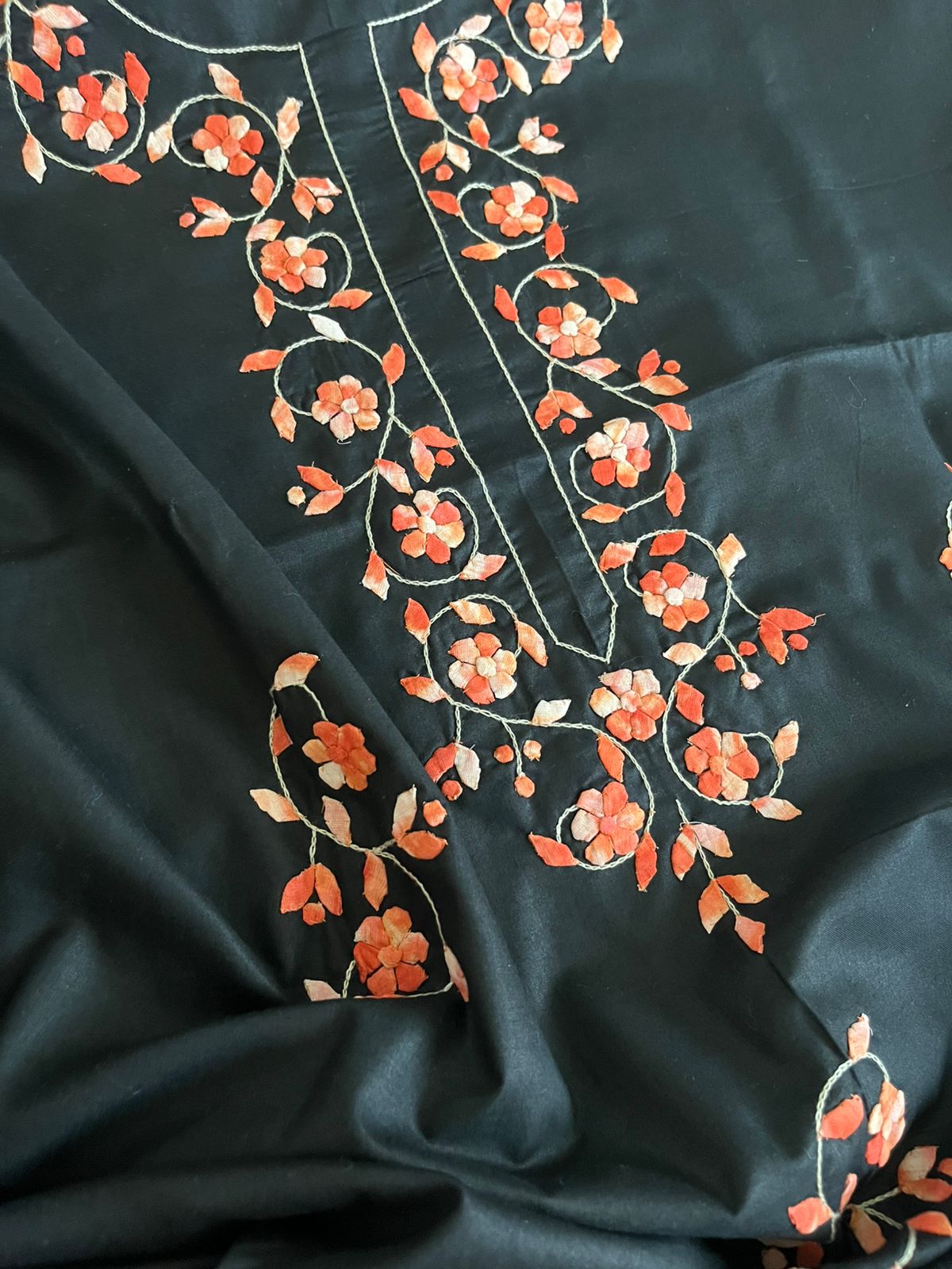 Pure Cotton Handcrafted Kurta With Phool Patti Ka Kaam - Black with Peach