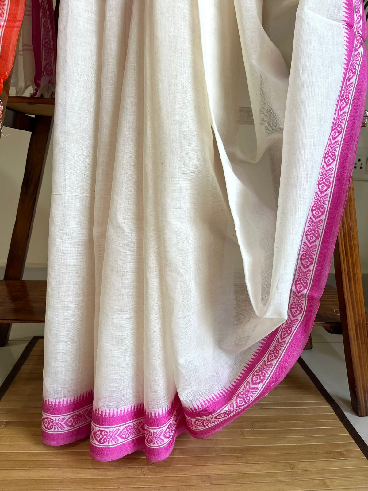 Bengal Cotton Handwoven Saree with Fish Design Border - Chalk White