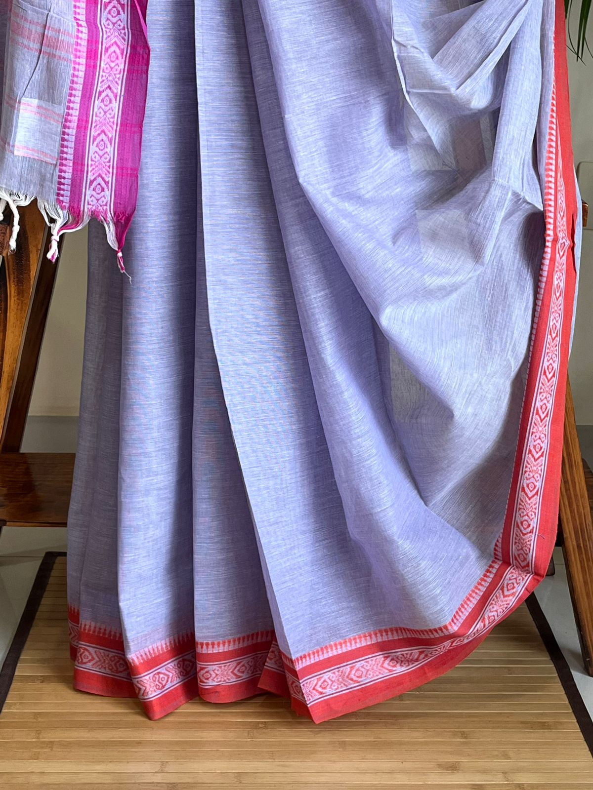 Bengal Cotton Handwoven Saree with Fish Design Border - Periwinkle