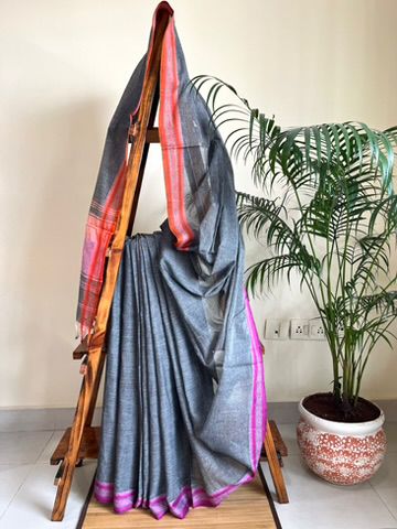 Bengal Cotton Handwoven Saree with Fish Design Border - Ash Grey