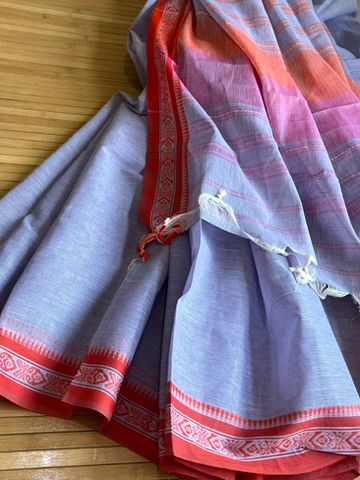 Bengal Cotton Handwoven Saree with Fish Design Border - Periwinkle