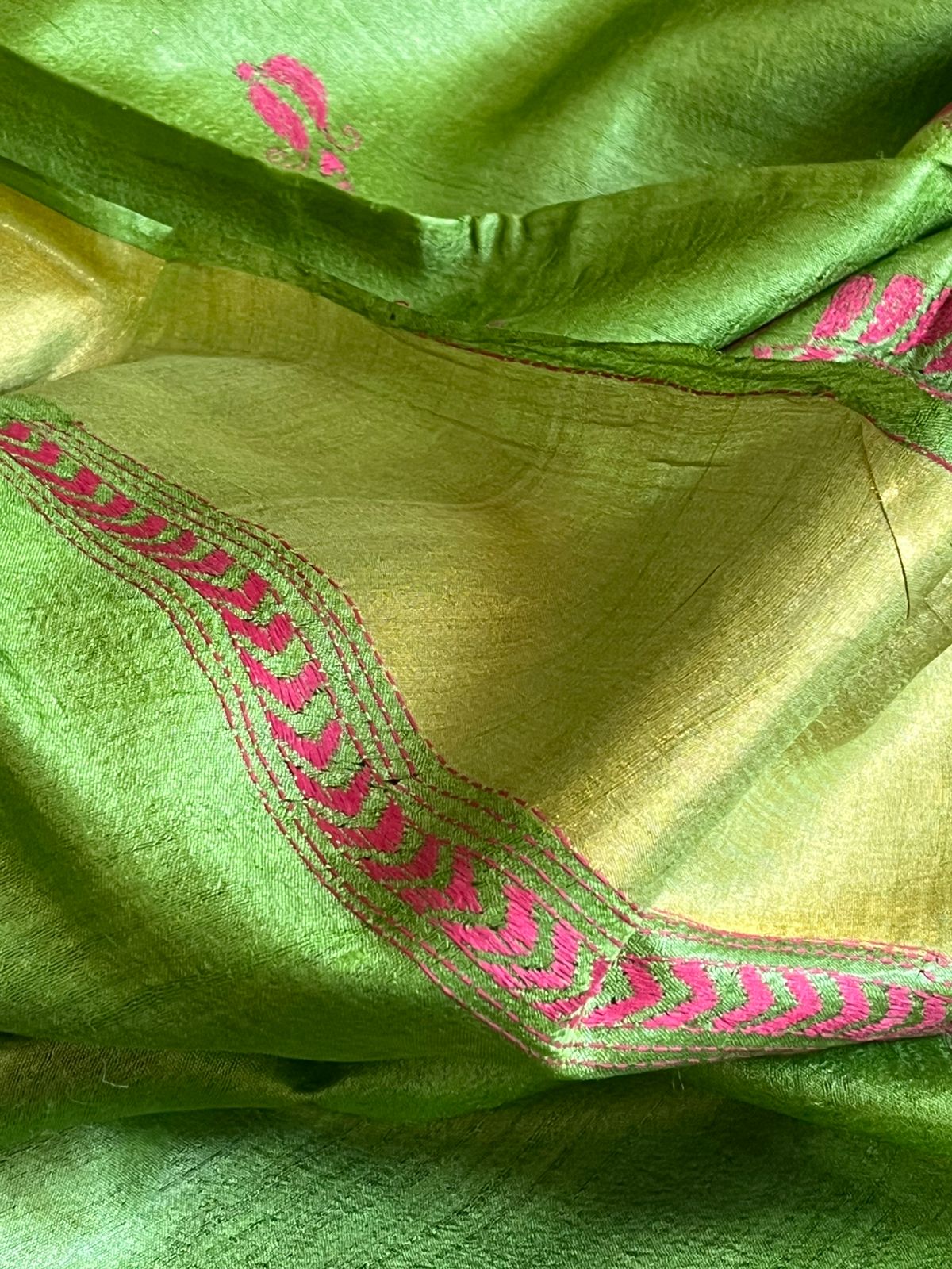 Pure Tussar Silk Handwoven Saree with hand Kantha Embroidery - Fern Green