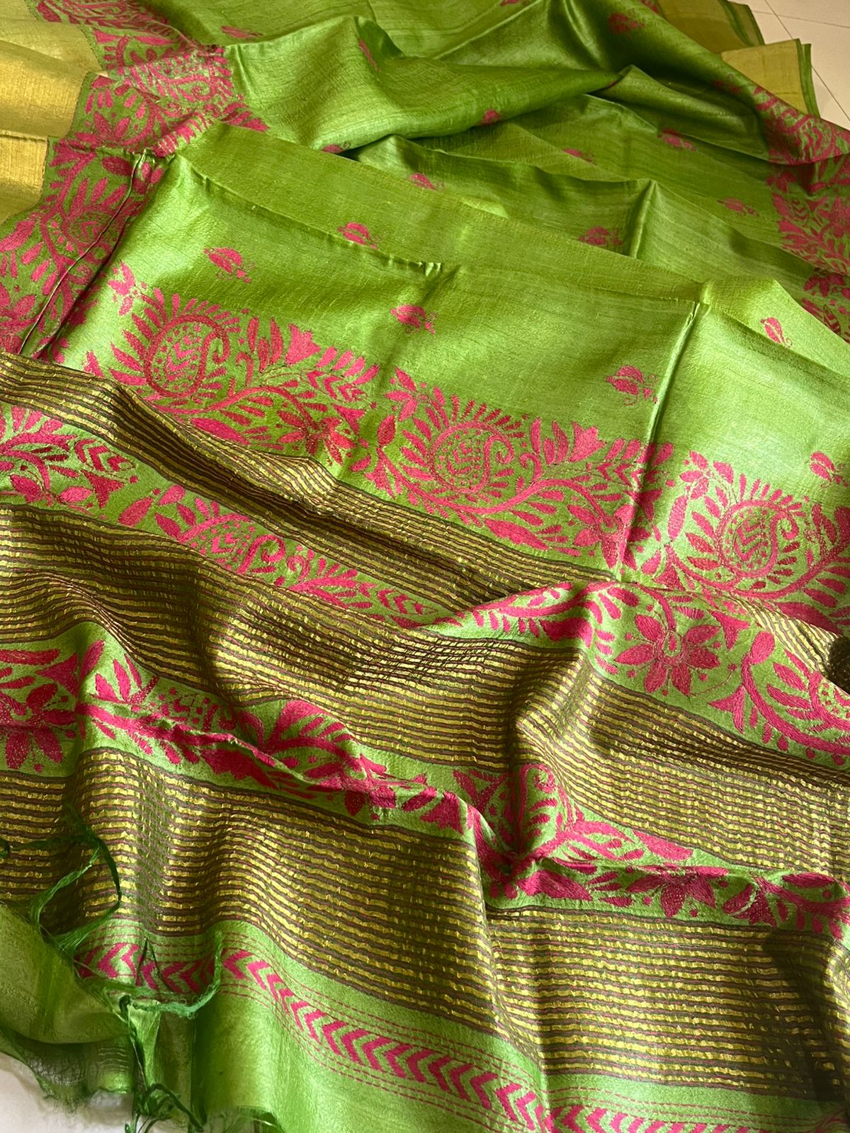 Pure Tussar Silk Handwoven Saree with hand Kantha Embroidery - Fern Green