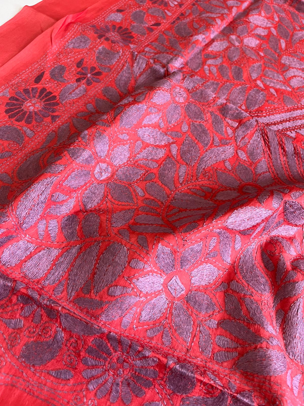 Pure Tussar Silk Handwoven Saree with hand Kantha Embroidery - Soft Coral with Grey