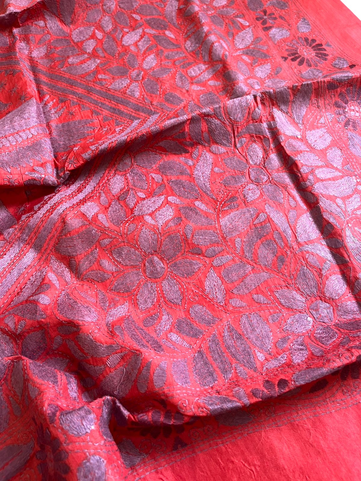 Pure Tussar Silk Handwoven Saree with hand Kantha Embroidery - Soft Coral with Grey