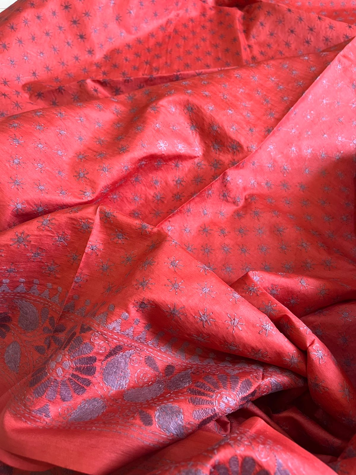 Pure Tussar Silk Handwoven Saree with hand Kantha Embroidery - Soft Coral with Grey