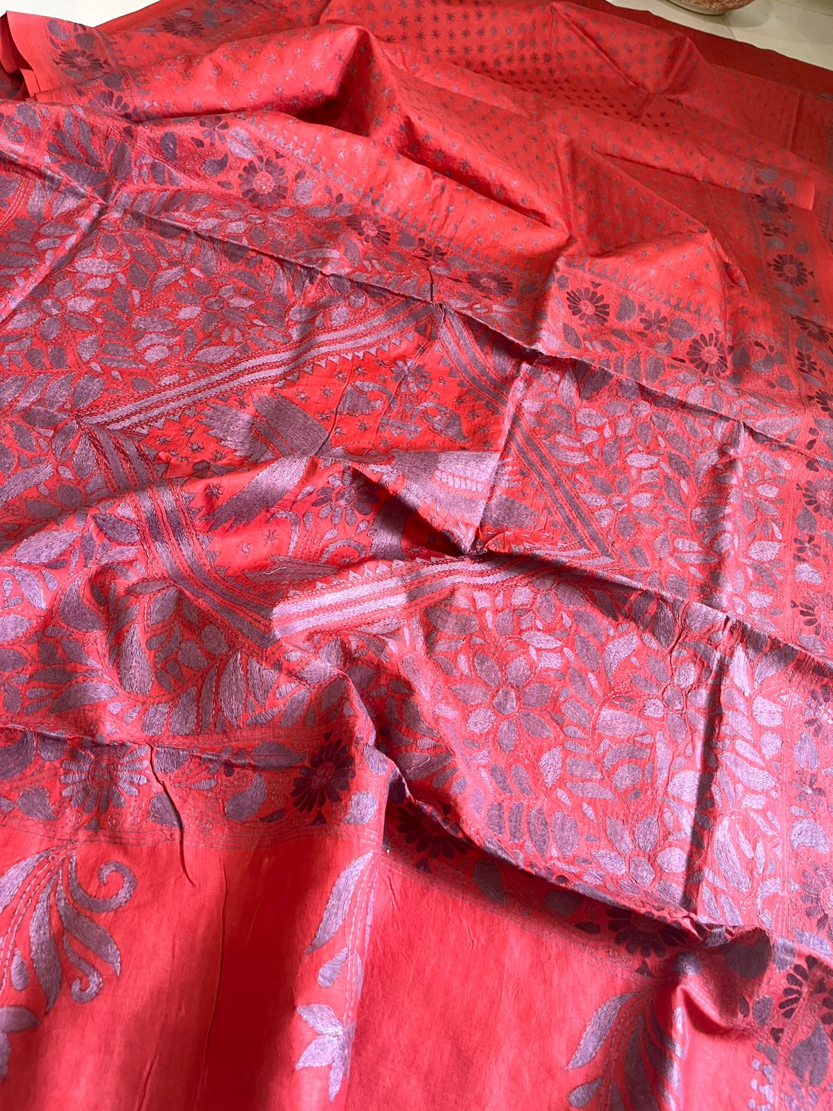 Pure Tussar Silk Handwoven Saree with hand Kantha Embroidery - Soft Coral with Grey