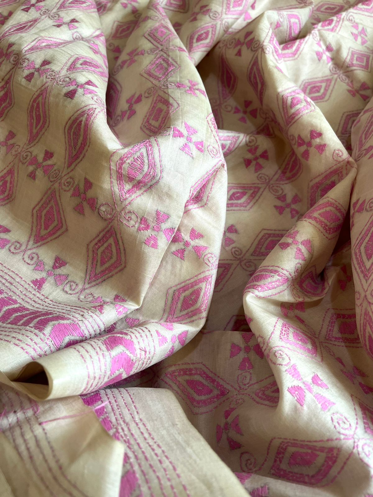 Pure Tussar Silk Handwoven Saree with hand Kantha Embroidery - Ivory White with Pink