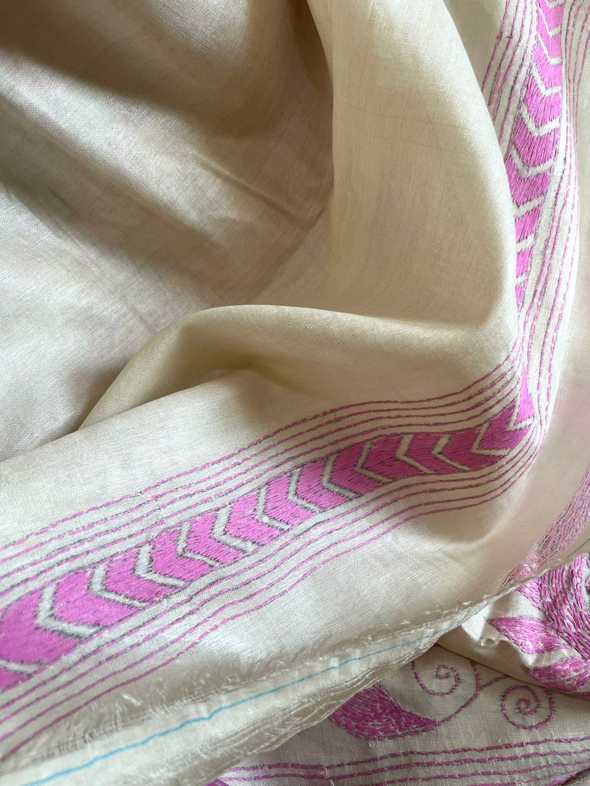 Pure Tussar Silk Handwoven Saree with hand Kantha Embroidery - Ivory White with Pink