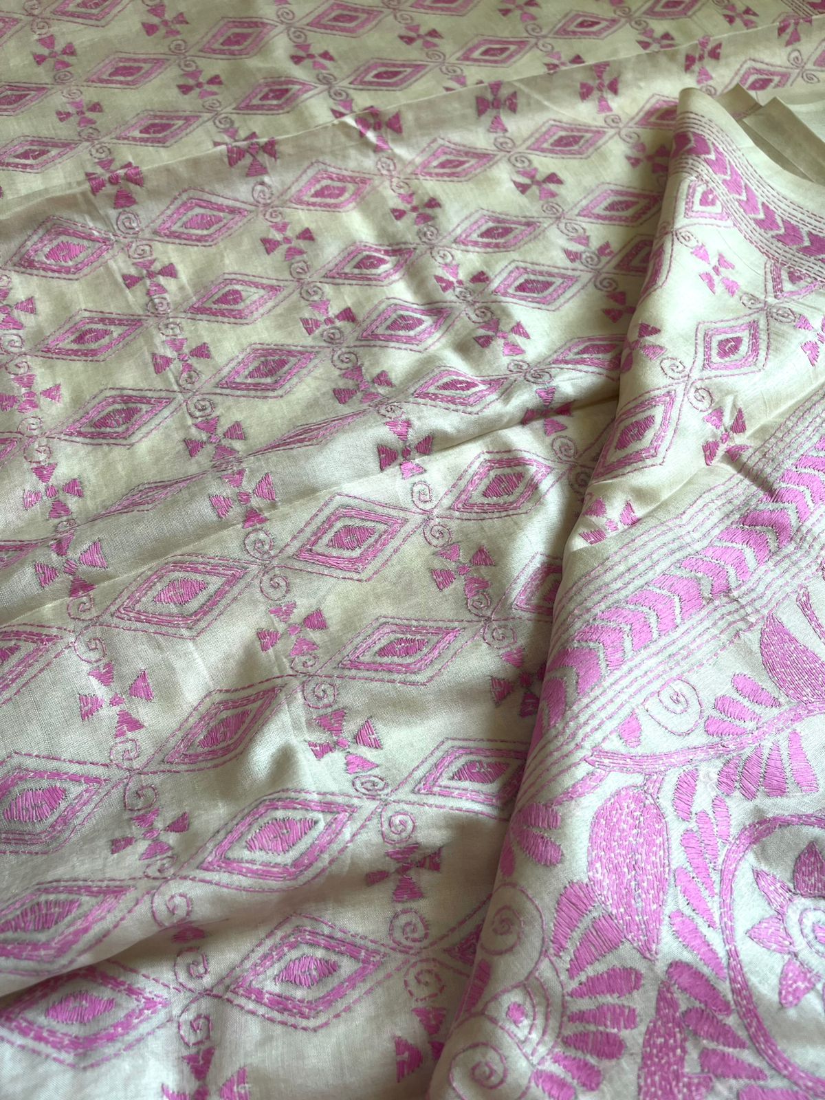 Pure Tussar Silk Handwoven Saree with hand Kantha Embroidery - Ivory White with Pink