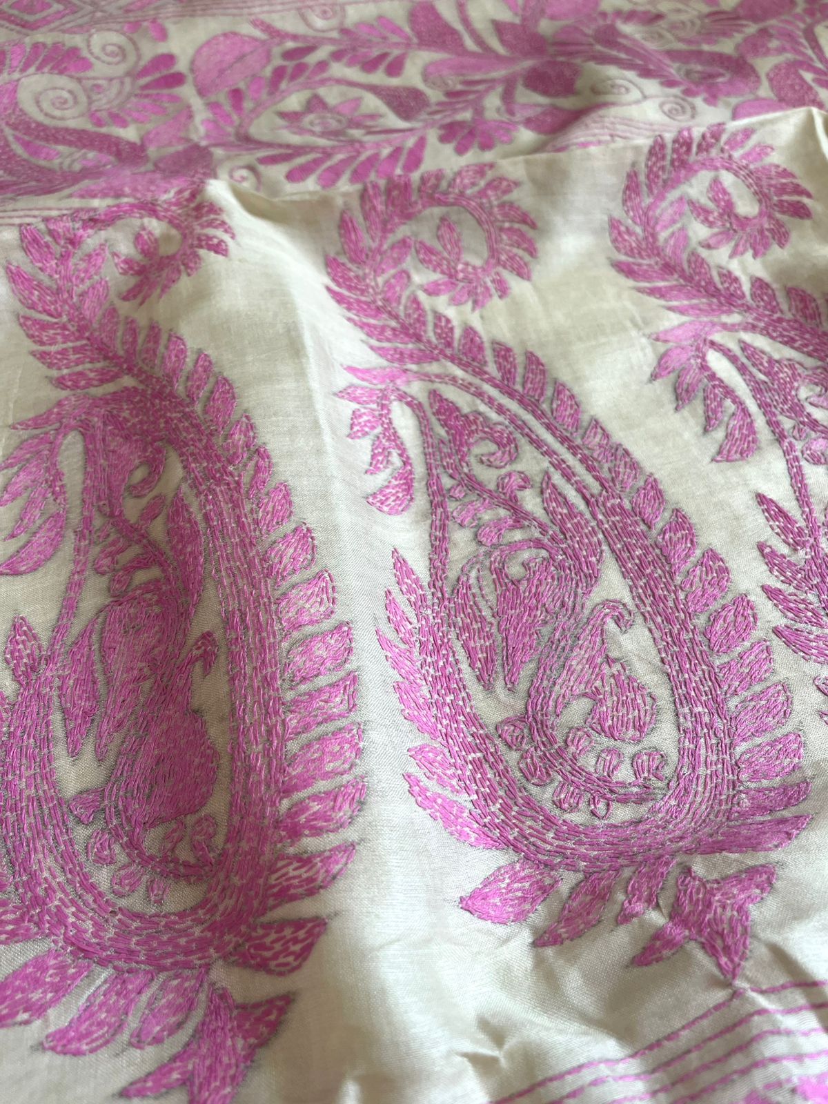 Pure Tussar Silk Handwoven Saree with hand Kantha Embroidery - Ivory White with Pink