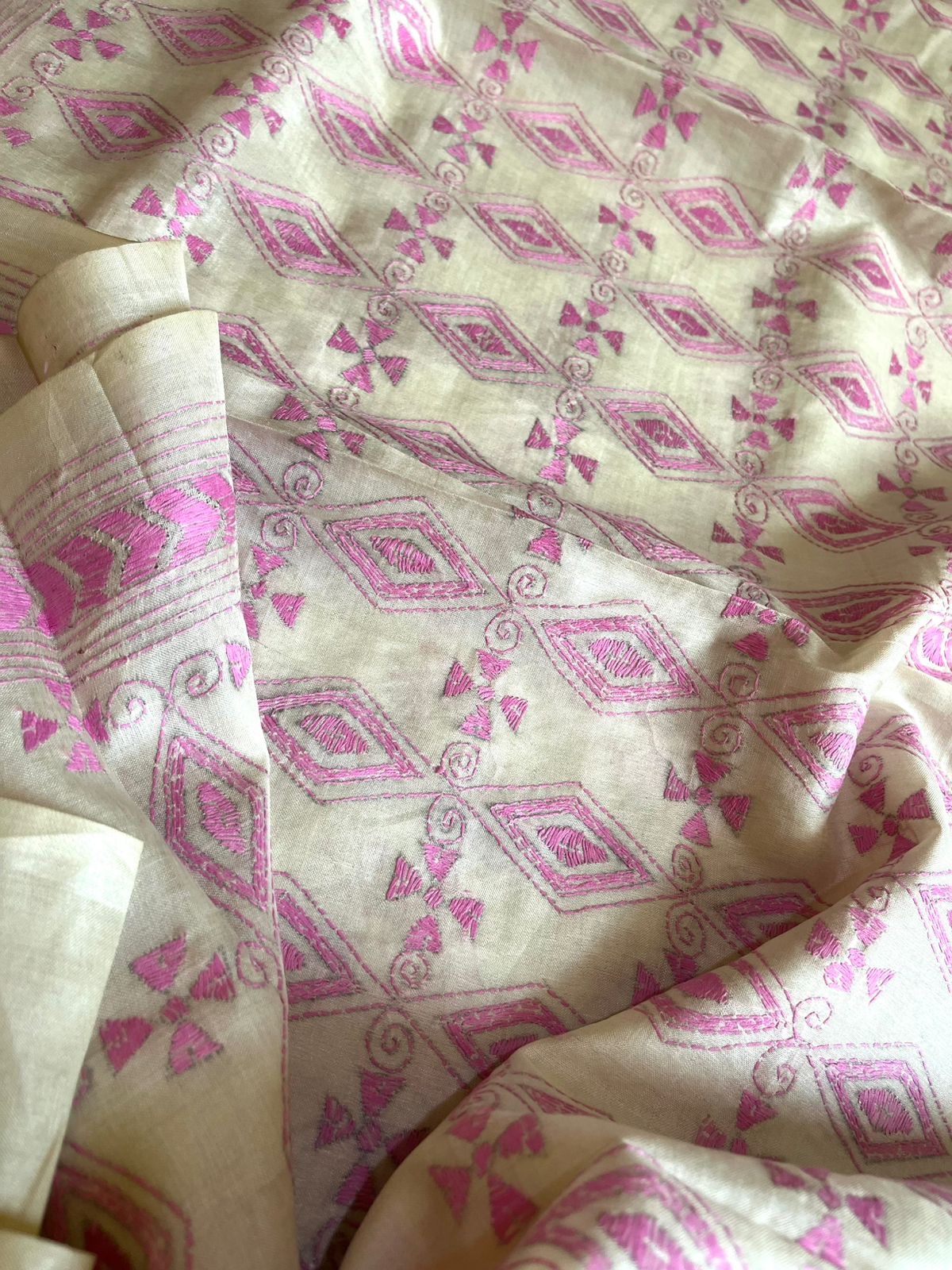 Pure Tussar Silk Handwoven Saree with hand Kantha Embroidery - Ivory White with Pink