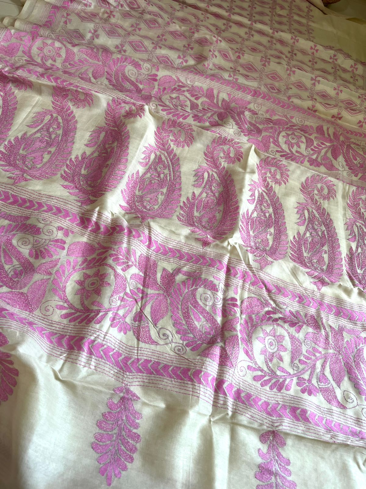 Pure Tussar Silk Handwoven Saree with hand Kantha Embroidery - Ivory White with Pink