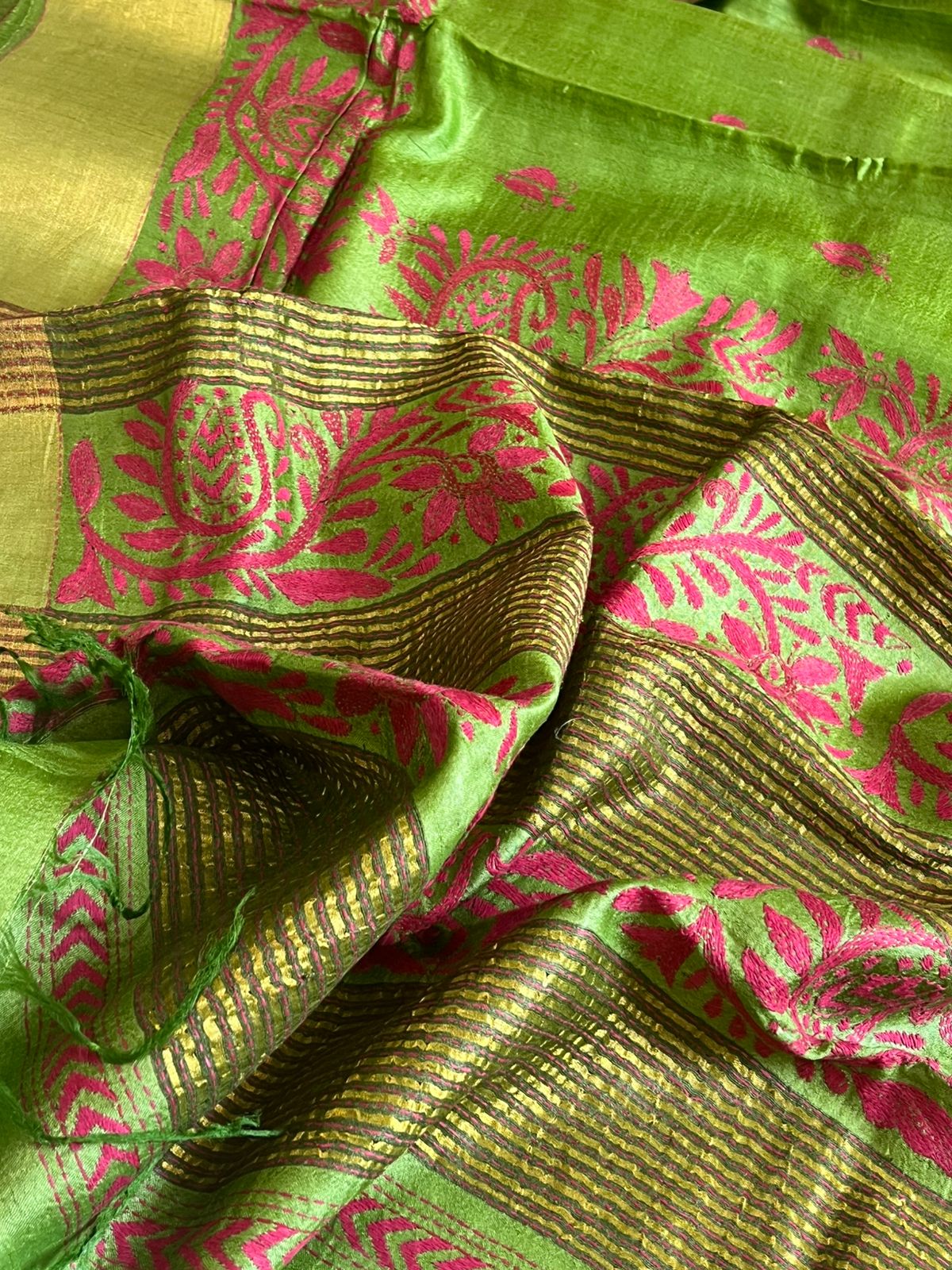 Pure Tussar Silk Handwoven Saree with hand Kantha Embroidery - Fern Green
