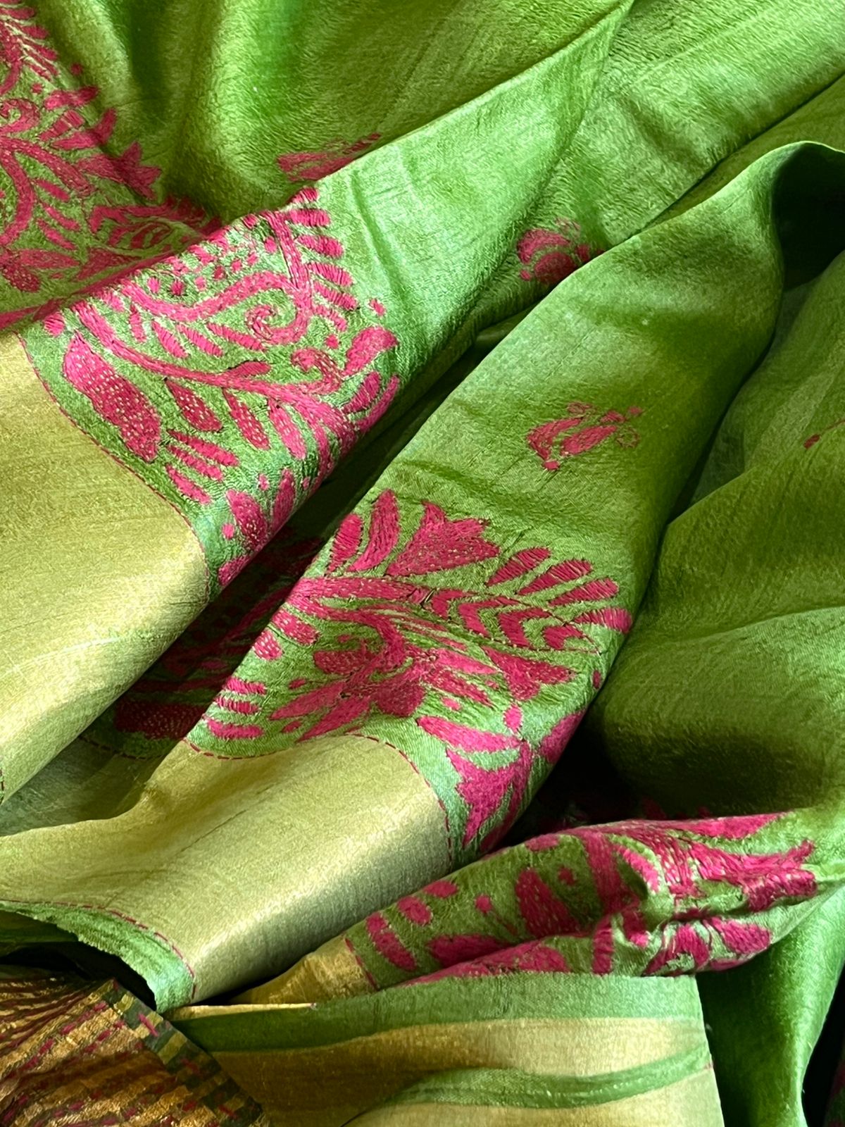 Pure Tussar Silk Handwoven Saree with hand Kantha Embroidery - Fern Green