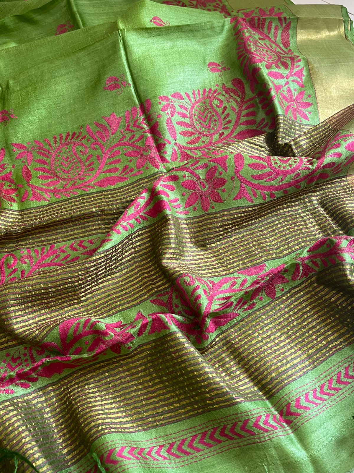 Pure Tussar Silk Handwoven Saree with hand Kantha Embroidery - Fern Green