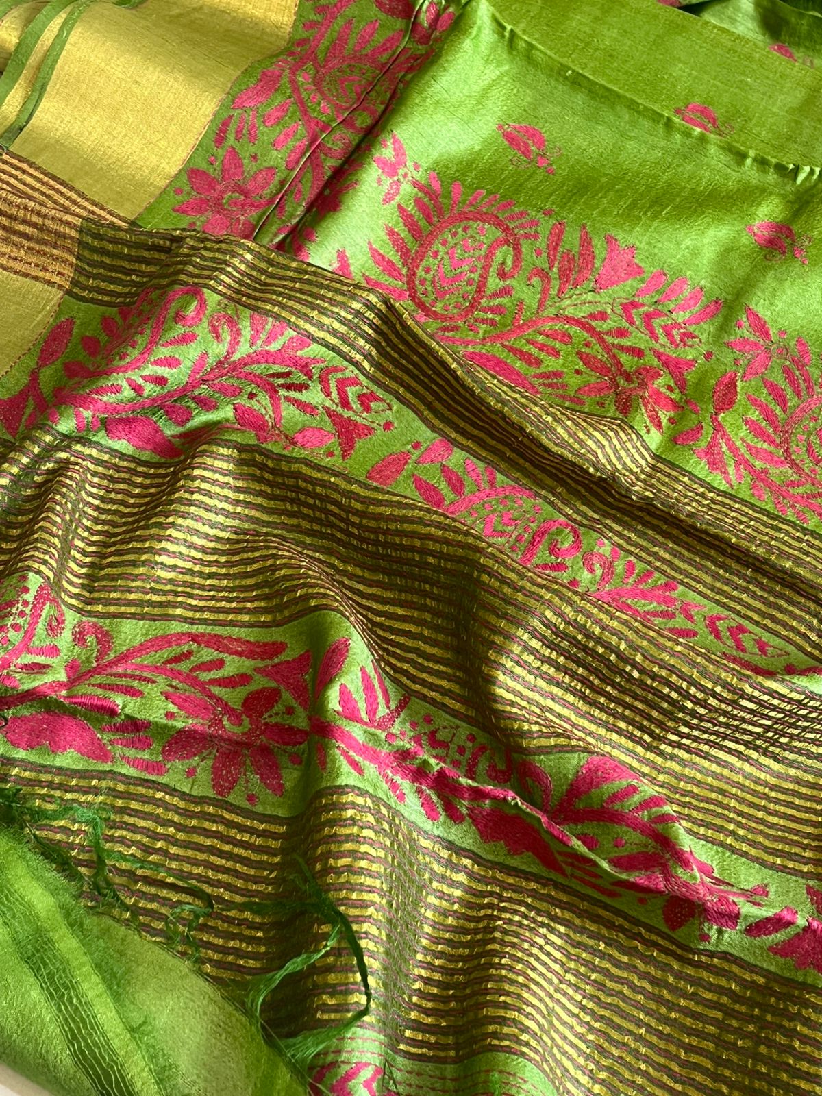 Pure Tussar Silk Handwoven Saree with hand Kantha Embroidery - Fern Green